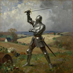frameless painting of a knight holding up his sword, countryside, rainy weather, beautiful oil painting on canvas, 1 8 5 0, pre raphaelites, in the style of dante gabriele rossetti,