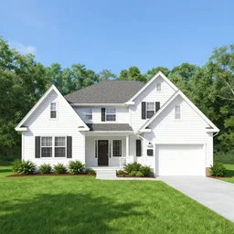 Suburban American house, white walls, two stories, nice lawn, forest in the background, blue sky