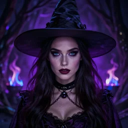 Beautiful Alison Brie as a witch, in spooky and dark with den, lit by purple and blue flames, Symmetrical face, symmetrical eyes