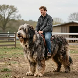 a man riding on a giant, long haired dog on a farm