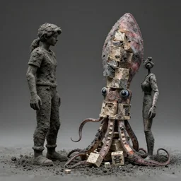 two lovers coated in tar make a complaint to the tv channel. they are dusty and dismantled into cubes and stacked into the shape of a squid