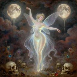 concept art of translucent glowing curvy buxom fairy dancing, renaissance, flowy, melting, round moons, rich clouds, very detailed, volumetric light, mist, fine art, decaying, textured oil over canvas, epic fantasy art, very colorful, ornate intricate scales, floor of skulls, fractal gems, 8 k, realistic
