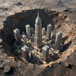 postmodern city inside giant crater, award winning concept art, trending on artstation, matte