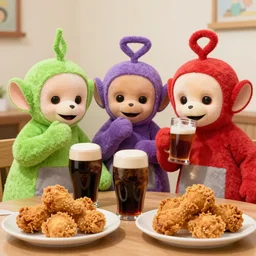 the ginyu force and teletubbies drinking guinness and eating fried chicken in chuncheon