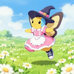 female butterfly pokemon with black eyes and antennae like a mantis wearing a floe pink maid dress floating over a field of daisies wearing converse skater shoes and a witch hat, digital illustration by chibi pika