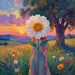 girl with a giant flower as a face, surreal photography, dream, standing in flower field, hills, big trees, sunrise dramatic light, impressionist painting, colorful clouds, digital painting, pointillism, artstation, simon stalenhag, flower face