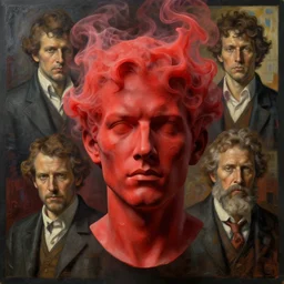 3 d sculpture of a head covered with red smoke, a painting by john harris, barlowe wayne, maxfield parrish, gustave dore and marco mazzoni. hyper detailed digital art, uhd, rendered in unreal engine.
