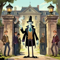 timelord dr. pootie tang telepathic space entity wearing a smoking jacket and fez emerges from the front gate of his palatial abode guillem h. pongiluppi craig j. spearing giorgio chirico jamie wyeth greg rutkowski tombow