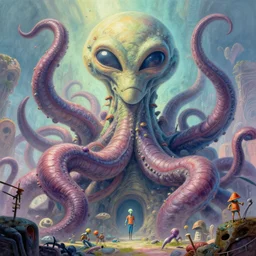 giant ancient alien tentacles artwork by matt groening, pastel colors, detailed background, extremely detailed, octane rendering, sharp focus, volumetric light, particles, unreal engine 5, rtx