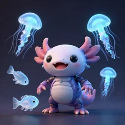 cute! biomechanical axolotl, mouthbrooder, ghost shrimp, Barreleye fish, translucent SSS xray, Barreleye, rimlight, jelly fish dancing, fighting, bioluminescent screaming pictoplasma characterdesign toydesign toy monster creature, zbrush, octane, hardsurface modelling, artstation, cg society, by greg rutkowksi, by Eddie Mendoza, by Peter mohrbacher, by tooth wu, 8k
