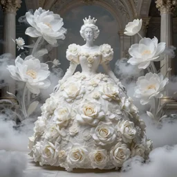 a queen with a white large magnificent more and more vaporous ,wrapped ,hight decorated, detailed ,white and cream  roses cotton dress shooting surrounded by a bouquet of abstract white flowers and clouds, reinassance background ,surrealism 8k