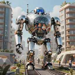 people living inside giant robots, tracks, robots are apartment buildings, sci fi, style of The Fifth Element