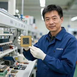 intel engineer on factory floor holding up new microprocessor prototype
