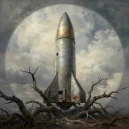 abandoned rocketship, many thick dark knotted branches, detailed, ethereal, round clouds, dramatic lighting, rough unfinished artwork by albert bierstadt