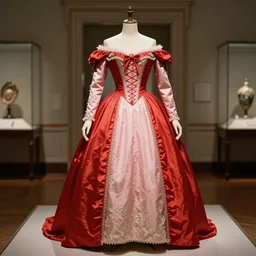 the film still photographed image is a vintage royal portrait gown from the 1 9 5 0 s. the ensemble is inspired by red pink blush fairy. it is displayed on a mannequin in a royal museum exhibit.