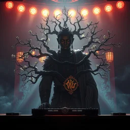a warrior behind a dj booth with a bodhi tree, necklace of fingers : 6 character design : 2 midnight, illusion, stunning, breathtaking, majestic, asian fantasy, digital render, line art, unreal engine, de - noise, 8 k, volumetric lighting, symmetrical, pronounced features, detailed contrast, scattered mist, glow 3 d alejandro alvarez alena aenami