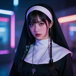 portrait of a pretty intriguing cyberpunk nun girl looking intensely at camera. neon lights, Bokeh, Graflex
