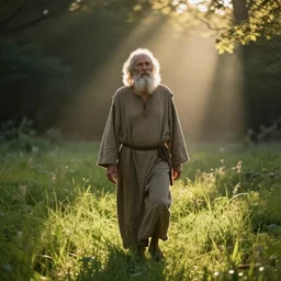 old prophet wandering about a meadow. volumetric light. crepuscular rays. light scattering.