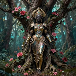 hyperrealistic neo - rococo cinematic super expressive! yoruba goddess with exoskeleton armor, merging with tree in a forest, pink red flowers, highly detailed digital painting masterpiece, smooth cam de leon eric zener dramatic pearlescent soft teal light, ground angle hd 8 k, sharp focus