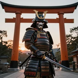 a godlike and indomitable masked, helmeted and heavily armored samurai wielding their ornamental katana before a large Torii gate, the rising sun in the background. Photo realistic. Award winning
