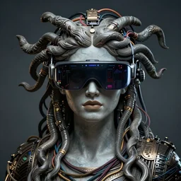 portrait of Medusa with vr headset, cyberpunk, cables on the head, futuristic hi-tech details, ominous, intricate, art by anthony macbain + greg rutkowski + alphonse mucha, concept art, 4k, sharp focus, cinematic unreal engine