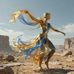 a dancing humanoid has a body made of millions of thin ribbons and threads of translucent gold and blue fabric that are twisting, swirling, unraveling, and pulling apart in the wind of an ancient landscape, unreal engine