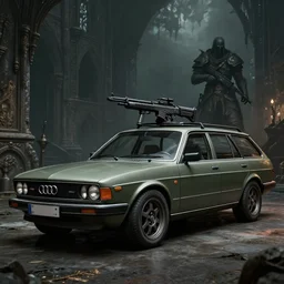 Armored and Armed Audi 80 B3 Avant (1988) with a mounted M249, Dark Souls 3, a grim fantasy, Anor Londo, dramatic lighting, cinematic, establishing shot, extremely high detail, photorealistic, cinematic lighting, artstation, by simon stalenhag
