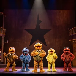 hamilton on broadway performed by muppets on stage, far shot from back of theater