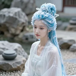 goddess of winter in a zen rock garden, by Peter Kemp, ice blue, glamorous hairstyle, frost clings to her skin, wearing translucent white and ice blue Enjolras fashion, lost in the moment, winter, art nouveau by Brian Froud, frozen tear, berries, a heron, evergreen branches,  by Alphonse Mucha