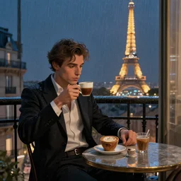 elegant man drinking coffee at balcony in france, city with eiffel tower seen behind, late night raining, highly detailed characters, by greg rutkowski, alphonse mucha, beeple, sharp focus, digital art, smooth, light refraction, pixiv art, volumetric lighting
