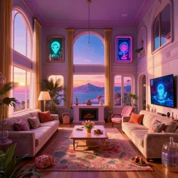 a beautiful detailed rendering of living room architecture by wes anderson, at dawn cosmic san andreas at dusk galactic tron tundra neon signs sunlight alien studio ghibli synthwave anime nightvision flowers, archdaily, wallpaper, highly detailed, trending on artstation.