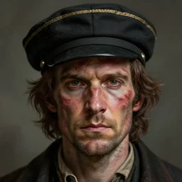 portrait of a rugged man wearing a sailors cap, scarred face, victorian, concept art, detailed face, fantasy, close up face, highly detailed, cinematic lighting, digital art painting by greg rutkowski