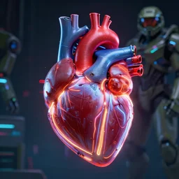medical heart!!! organ, scifi, robotic lines, tron legacy, substance painter, heart, emissive, tron lines, cybertron, artstation, by beeple, halo, cyberpunk, vaporwave