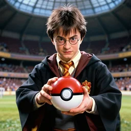 Harry Potter(2001) as a Pokemon trainer holding a poké ball, intense facial expression, inside a Pokéstadium arena, in the style of Pokemon the Movie(2000)