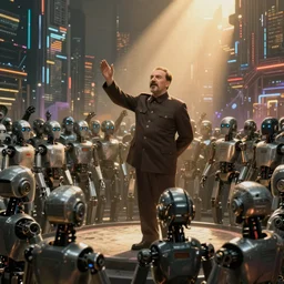 robot revolutionary speaking to a crowd of robots amid the backdrop of a cyberpunk city in the socialist realist style of lenin (((speaking to the red army by isaac brodsky)))