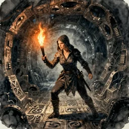 kate beckinsale as dnd thief hold torch and sneaking through the dungeon full of death traps, carved floor, ceiling hides in the dark, full darkness, fantasy digital art, watercolor