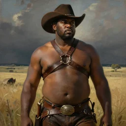 a beautiful dramatic epic painting of a thicc black man | he is shirtless and wearing a leather harness and cowboy hat | prairie setting | homoerotic, highly detailed, dramatic lighting, art nouveau | by Mark Maggiori, by William Herbert Dunton, by Charles Marion Russell | trending on artstation