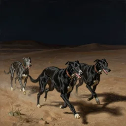 black greyhounds running in the night dessert, by john charles dollman, nicola samori and andrew wyeth. highly detailed, realistic. dark atmosphere