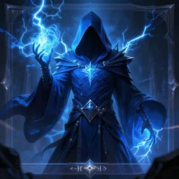 incognito arcanis the omnipotent, blue glowing hooded sorcerer faceless figure, no face, lightning spells, mtg art, justin sweet