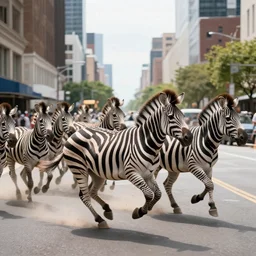 polychromatical zebras running on a stampede in maddison avenue, view from the buildings, realistic