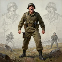 handmade full body character portrait of a screaming us army north soldier at the us civil war in a thematic landscape in the style of artgerm and enki bilal and bastien lecouffe - deharme, wlop, line art, oil on canvas, full body anatomically correct, dynamic pose, cinematic lighting, hyperdetailed, 8 k realistic, symmetrical, global illumination, frostbite 3 engine, cryengine, dof, trending on artstation, digital art, channel