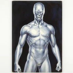 movie poster, comic book page, oil painting, of a silver, silver surfer, album cover, by hajime sorayama 4 k