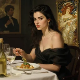 anna calvi eating dinner, character sheet, character design, contrast, deep focus, turnaround, highly detailed, dramatic lighting, digital painting, artstation, concept art, matte, sharp focus, illustration, elegant, art by artgerm and greg f and alphonse mucha.