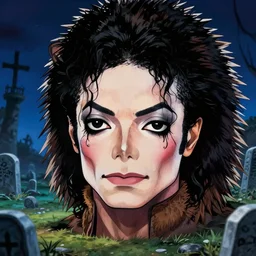 michael jackson!!!! realistic dramatic !big face realistic close up concept art  of michael jackson hedgehog as a dragon ball Z  character,dark eye sockets,  graveyard landscape at night , 4k anime character illustration by akira toriyama, artstation