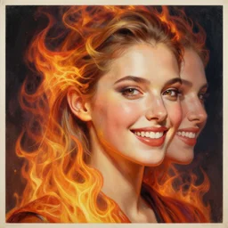 3 d, close - up, smiling fashion model, flame, poster art, intricate oil painting, high detail, figurative art, multiple exposure, poster art, 3 d, by stanley kubrick and tooth wu and wlop and beeple