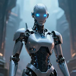futuristic robot with neon eyes, hyperrealistic, cinematic, sleek, epic fantasy background