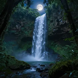 deep jungle cave waterfall magic night moonlight, volumetric lighting, rtx on, an award winning digital render, beautiful, ultradetailed, great composition, depth of field