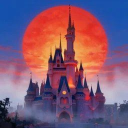 happy disney castle rising up from the mist in the morning silhouetted by a single huge blood, anders zorn, thomas kincade, trending on artstation, lava, dungeons and dragons, saturated colors, fun, happy, colorful