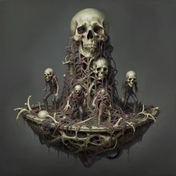 airbrush & oils of 4 character, tiered disgusting, floating sewer raft, made of bones, dystopian, by wayne d barlowe, h r giger, simon bisley, alex nino, boris vallejo, enric torres, hyper realism, narrative light, muted colors, epic, hyper detailed, awe inspiring, award winning horror, - n 4