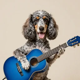 shorted haired podengo dog with big ears playing blues guitar